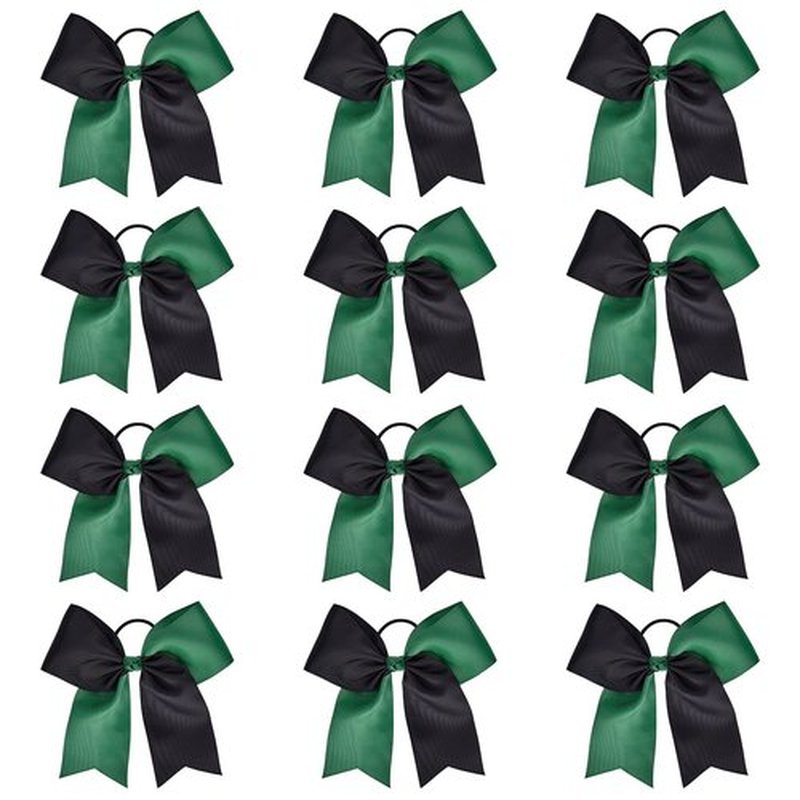 DEEKA 12PCS 8" Two Toned Large Cheer Hair Bows Ponytail Holder Handmade for Teen Girls Softball Cheerleader Sports -Forest Green/Black