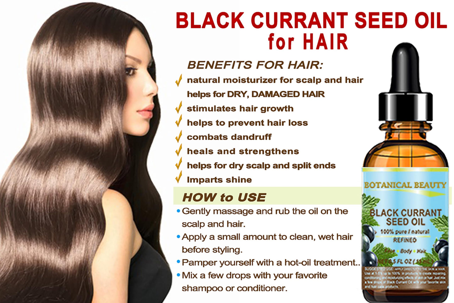 Botanical Beauty BLACK CURRANT SEED OIL 100% Pure Natural Undiluted Refined Cold Pressed Carrier Oil for Skin, Hair, Lip and Nail Care (2 Fl Oz)