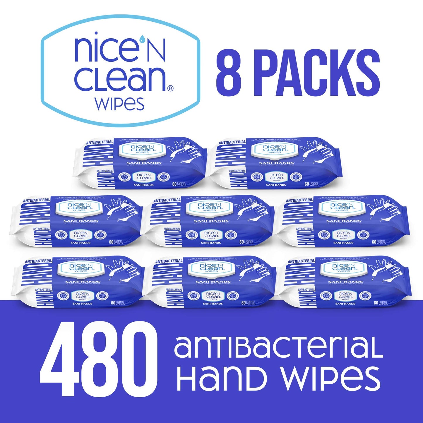 Nice 'N Clean Sensitive Skin Wet Hand Wipes Infused with Aloe, Blue, 60 Count, Pack of 8
