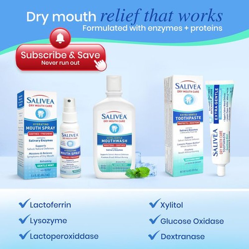 SALIVEA Dry Mouth Mouthwash - Soothing Mint Mouthwash with Natural Salivary Enzymes - Gentle Mouthwash to Aid Dry Mouth Care - Breath Freshener & Dry Mouth Care - Mint Flavor (2 Pack)