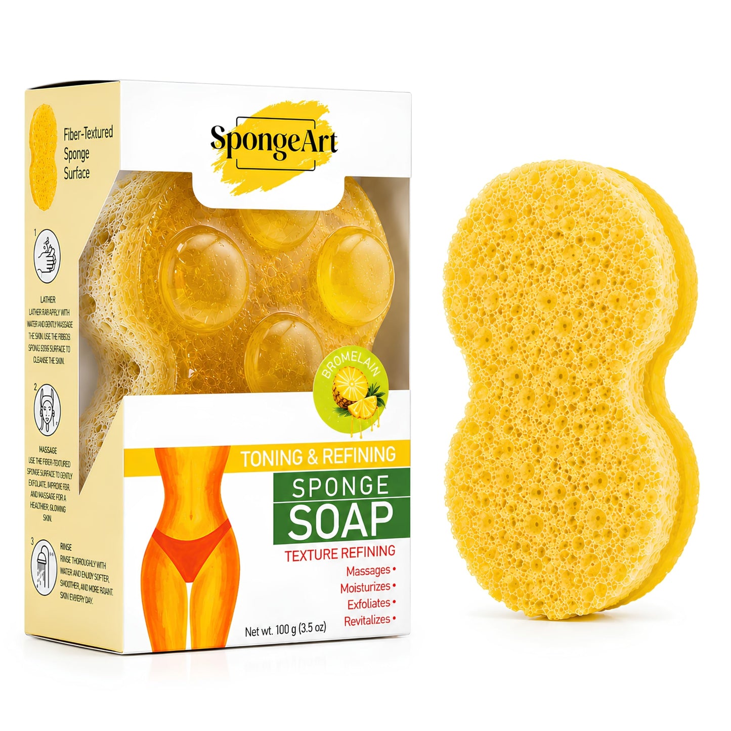 SpongeArt Skin Smoothing Sponge Soap Bar – Exfoliating Massage Soap with Textured Fiber Surface – Moisturizing Body Cleanser – 3.5 oz (Bromelain & Caffeine)