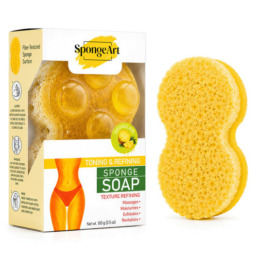 SpongeArt Skin Smoothing Sponge Soap Bar – Exfoliating Massage Soap with Textured Fiber Surface – Moisturizing Body Cleanser – 3.5 oz (Bromelain & Caffeine)