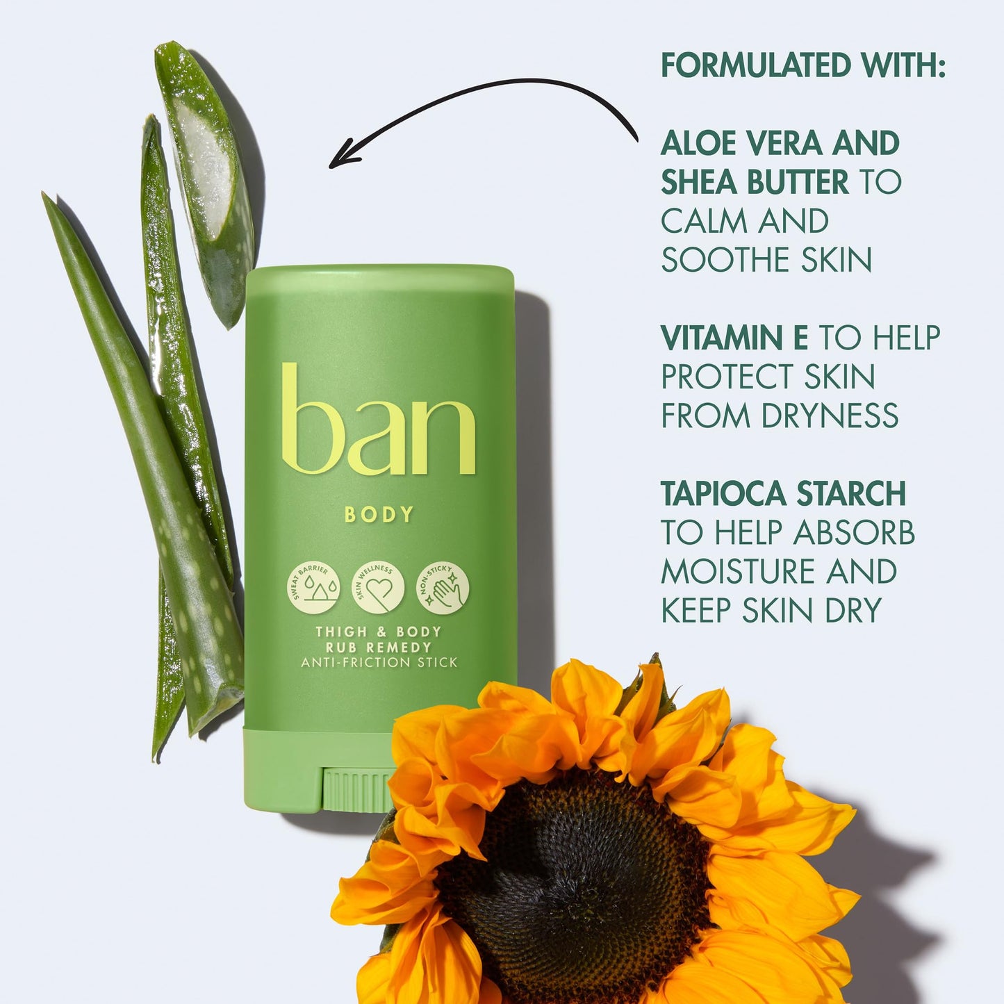 Ban Thigh & Body Anti-Friction Balm, Prevents Chafing & Skin Irritation, Anti Chafe Balm for Women & Men, Aluminum, Baking Soda & Talc Free, Unscented, 1.4 Oz