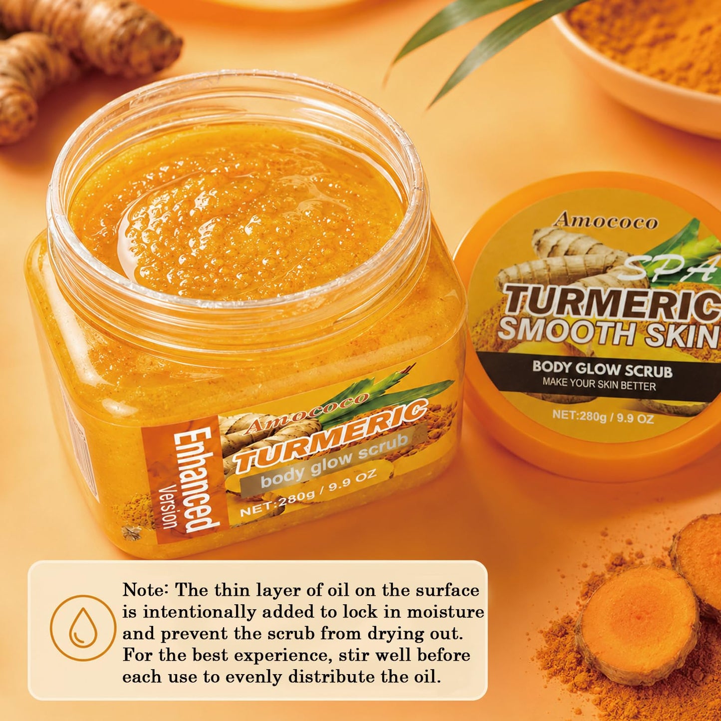 Amococo Turmeric Body Scrub, Botanical Skin Cleanser for Dullness & Uneven Tone, Gentle Exfoliating Scrub for Smooth & Glowing Skin Texture, 9.8 oz