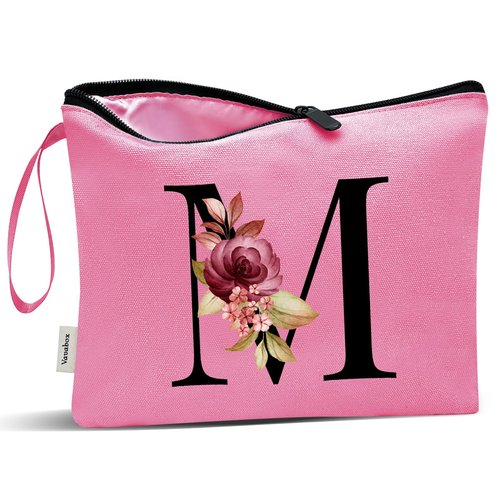 Vavabox A-Z Personalized Makeup Bag,Birthday Gifts for Women Mom,Gifts for Best Friend,Bride Bridesmaid Cosmetic bag (M, Peach)