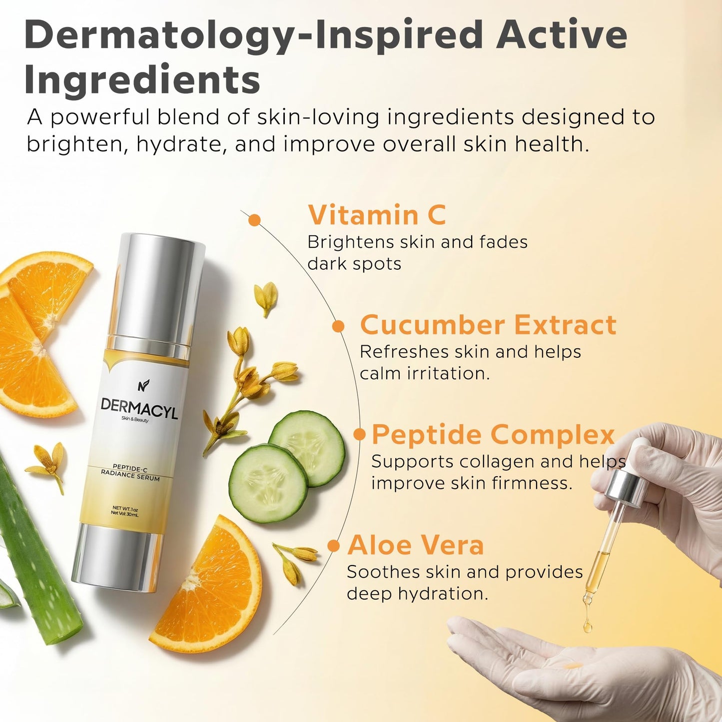 Dermacyl Vitamin C Serum for Face - Peptides c Total Package Serum with Hyaluronic Acid - All-in-One Vitamin Formula for Anti Aging, Hydration, Firms, Lifts, Targets Age spots - Fine Lines & Wrinkles