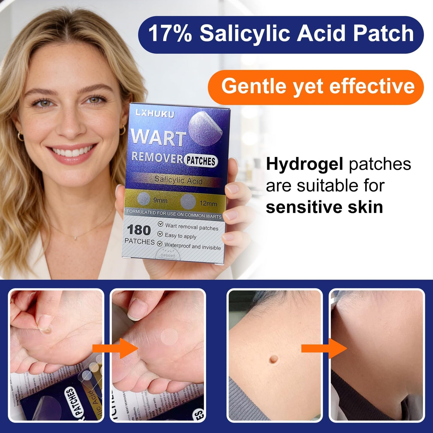 LXHUKU Maximum Strength Salicylic Acid Wart Remover Patches, Fast Gentle Removal, Discreet Long - Lasting, Ideal for Various Skin Blemishes Like Plantar, Common, Flat Warts, Corns and Calluses