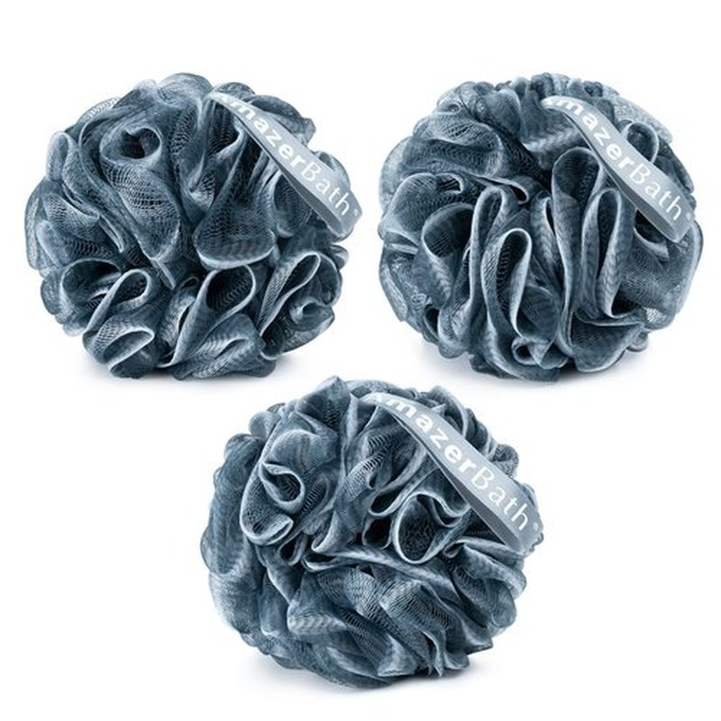 AmazerBath Loofah Sponge, Shower Loofah for Men and Women - Body Scrubber Loofa Set of 3 Indigo & White Edge, Bath Sponge 60g/PCS