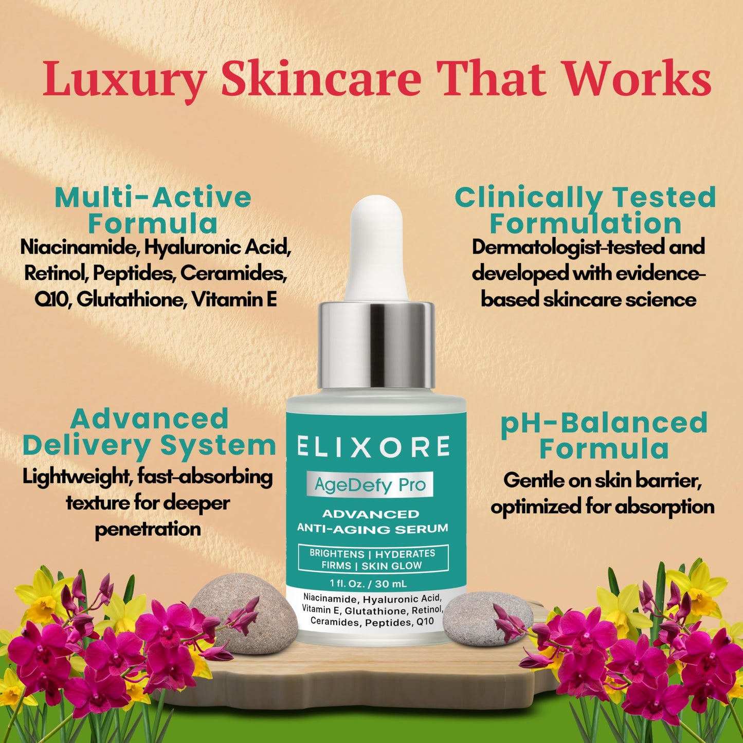 ELIXORE AgeDefy Pro Advanced Anti-Ageing Serum with Peptides & Vitamin C | Face Serums for Wrinkles, Firming & Brightening with Retinol, Niacinamide & Tranexamic Acid | for Mature Skin 30ml