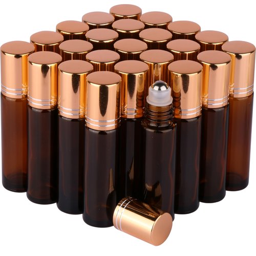 inice 24 Pack Amber Galss Roller Bottles for Aromatherapy Essential Oils,10ml Roll On Bottles with Stainless Steel Roller Balls Metal Cap