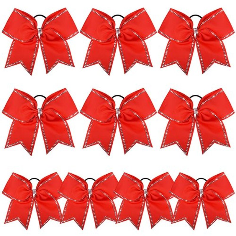 DEEKA 10 PCS 8" Rhinestones Large Cheer Hair Bows Glitter Cheer Ponytail Holder Handmade for Teen Girls Softball Cheerleader Sports -Red