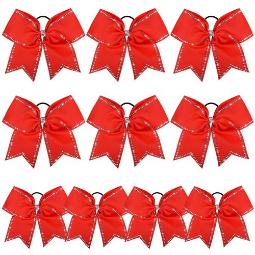 DEEKA 10 PCS 8" Rhinestones Large Cheer Hair Bows Glitter Cheer Ponytail Holder Handmade for Teen Girls Softball Cheerleader Sports -Red