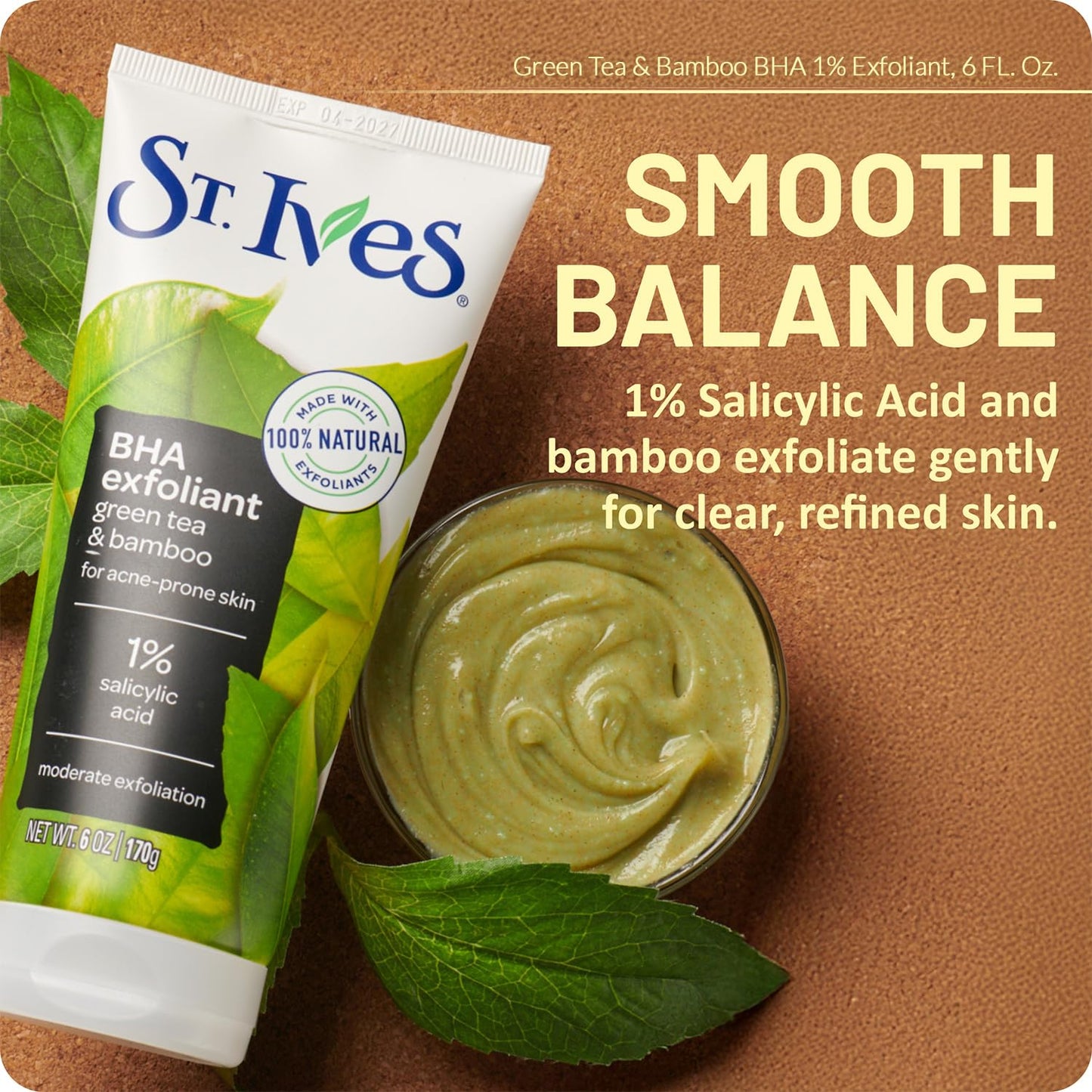 St. Ives Facial Scrub, BHA Green Tea & Bamboo with 1% Salicylic Acid for Acne-Prone Skin, 6 Oz