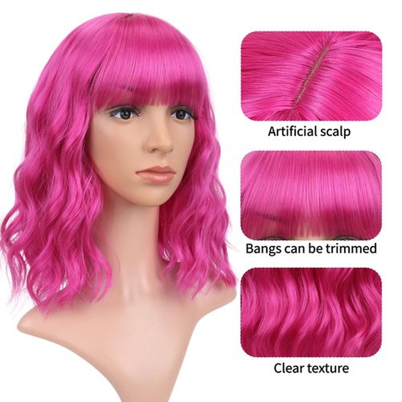 VCKOVCKO Short Bob Wigs Barbie pink Wavy Wig With Air Bangs Women's Shoulder Length Wigs Curly Wavy Synthetic Cosplay Wig Pastel Bob Wig for Girl Colorful Wigs(12", Barbie pink)