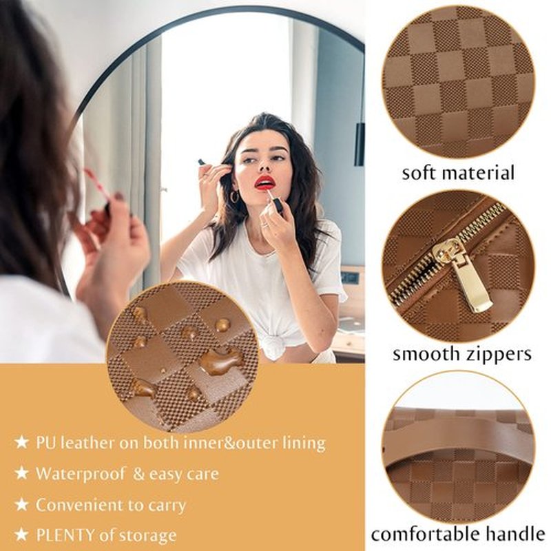 ALEXTINA Large Capacity Travel Cosmetic Bag - Portable Women Waterproof PU Leather Checkered Makeup Organizer with Dividers and Handle,Toiletry Bag for Cosmetics, Brown