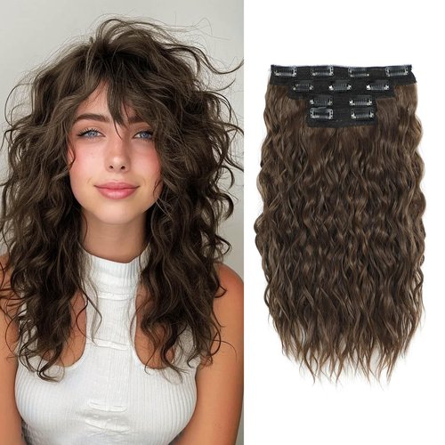Marjorie Hair Extensions,4PCS Clip in Hair Extensions 16inch Short Curly Wavy Brown Hair Extensions Invisible Lace Weft Natural Soft Hairpieces for Women