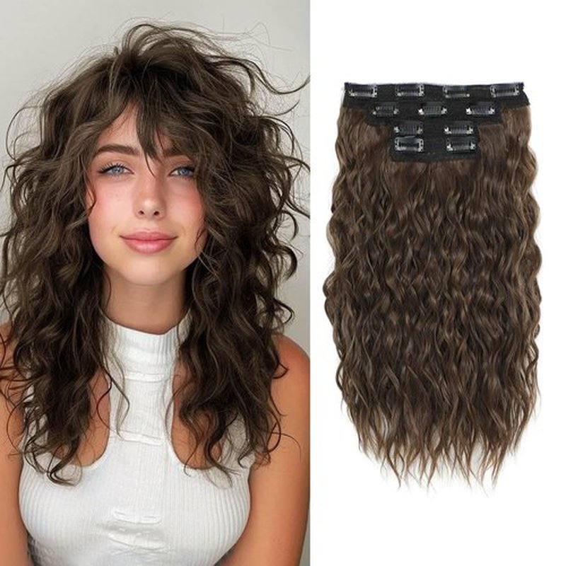 Marjorie Hair Extensions,4PCS Clip in Hair Extensions 14inch Short Curly Wavy Brown Hair Extensions Invisible Lace Weft Natural Soft Hairpieces for Women