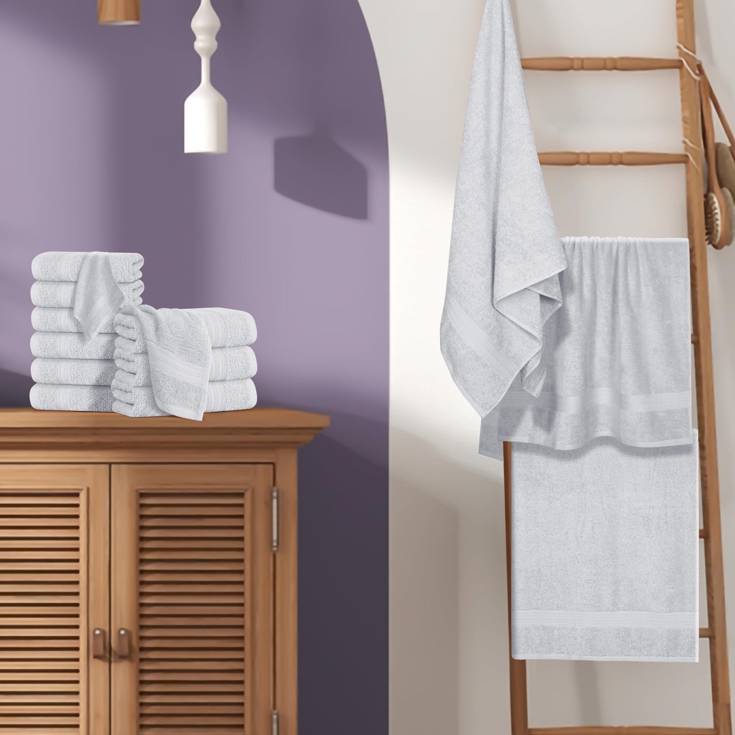 BOUTIQUO 24 Pack Cotton Towel Set, Contains 6 Bath Towels 27x54 inch, 6 Hand Towels 16x24 inch & 12 Wash Coths 12x12 inch, Ideal Everyday use, Ultra Soft Compact & Lightweight - Light Grey