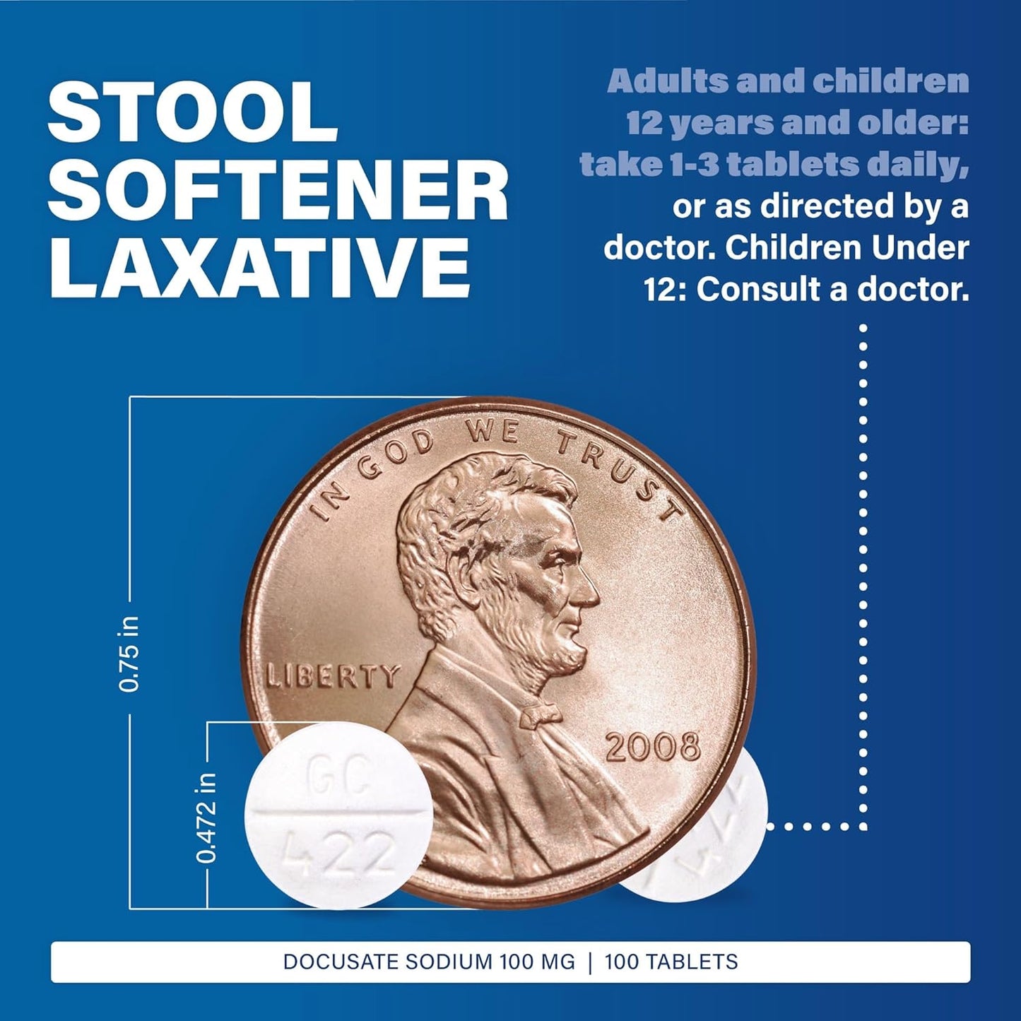Docusate Sodium 100 mg - Stool Softener Tablets for Constipation Relief | 100 Count for Adults & Kids 12+