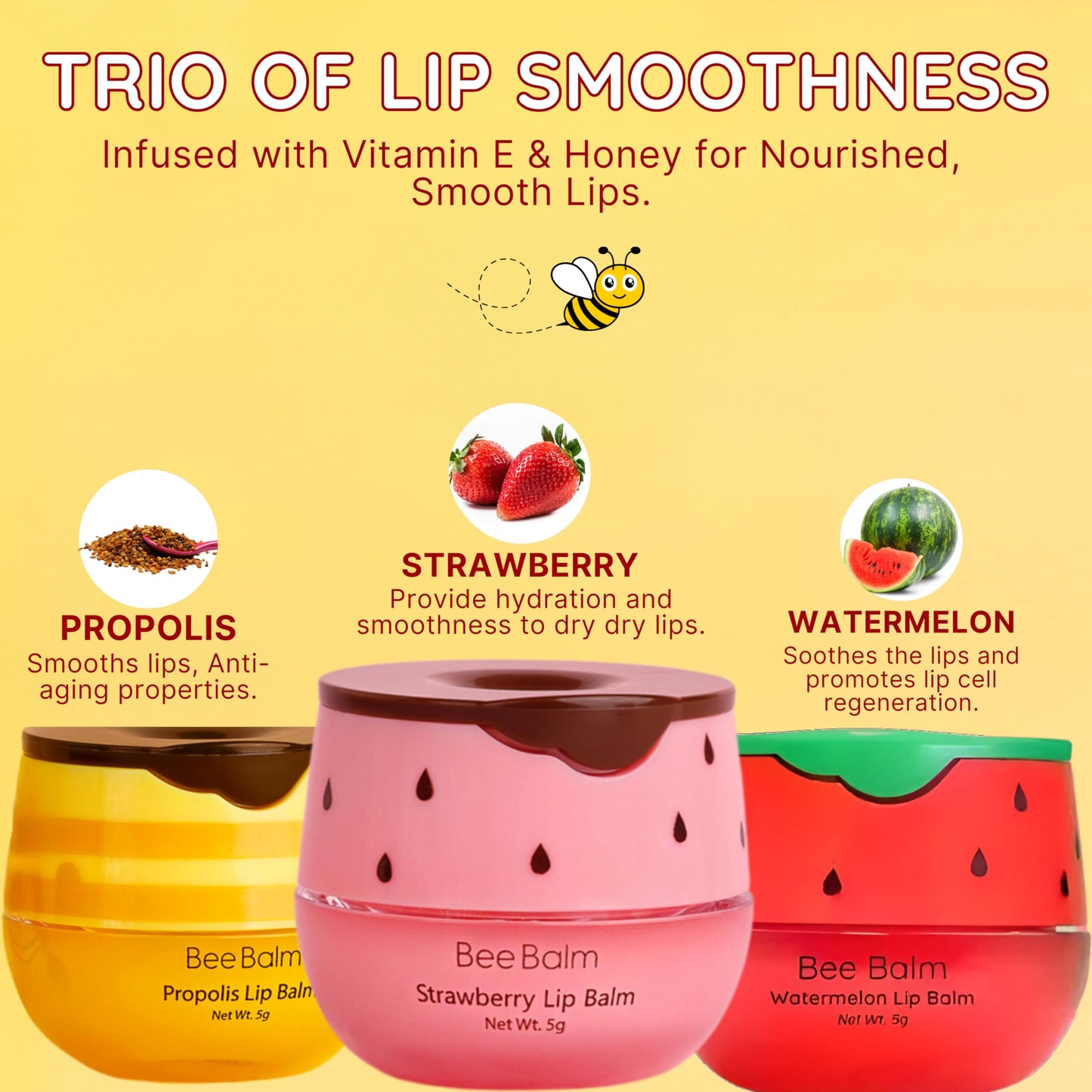 Original My Bee Balm Lip Balm – Hydrating Lip Care with Watermelon, Strawberry & Honey Pot – Moisturizing Balm for Dry, Chapped & Cracked Lips with Propolis, Honey & Vitamin E