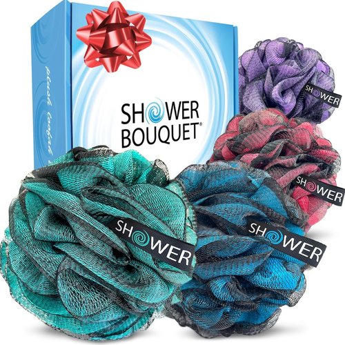 SHOWER BOUQUET Loofah-Charcoal Bath-Sponge-Color-Set XL-75g Extra Large 4 Pack, Soft Mesh Black Loufa Puff - Exfoliating Body Scrubber for Women and Men: Soothing Face & Body Exfoliator