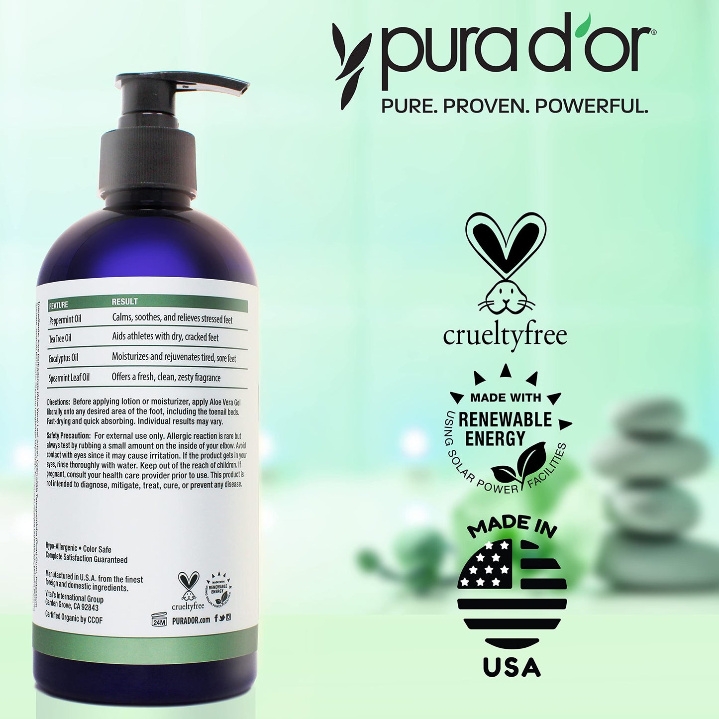 PURA D'OR 16 Oz FootFocus Organic Aloe Vera Gel For Severe Cracked Heel Repair Foot Care Products - Soothes Sore Feet Extra Strength Feet Care - Vitamin E, Peppermint, Tea Tree & Eucalyptus Oil
