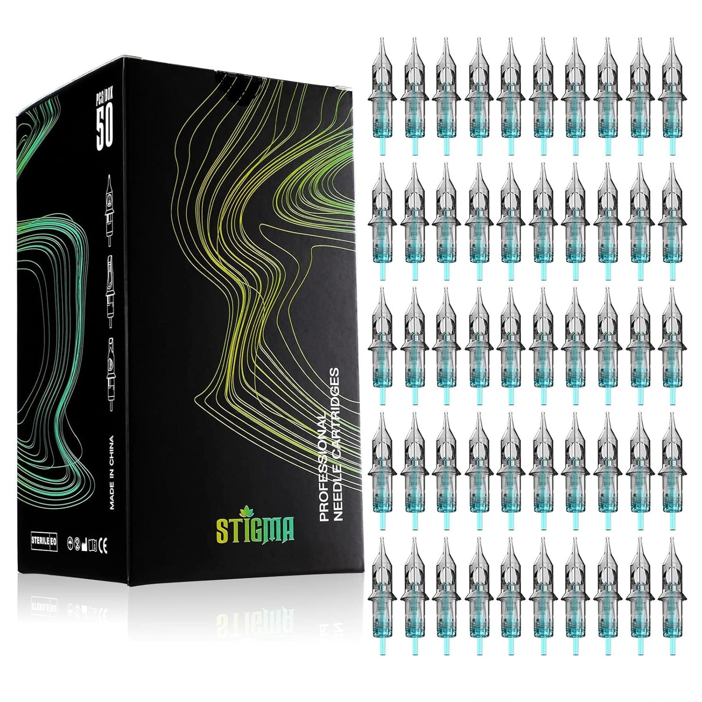 STIGMA Aquamarine Knight Tattoo Cartridge Needles #12(15RM) 50Pcs 0.35mm Standard Disposable Tattoo Needles Cartridges with Membrane Curved/Round Magnum EN02B-50-OF1215RM