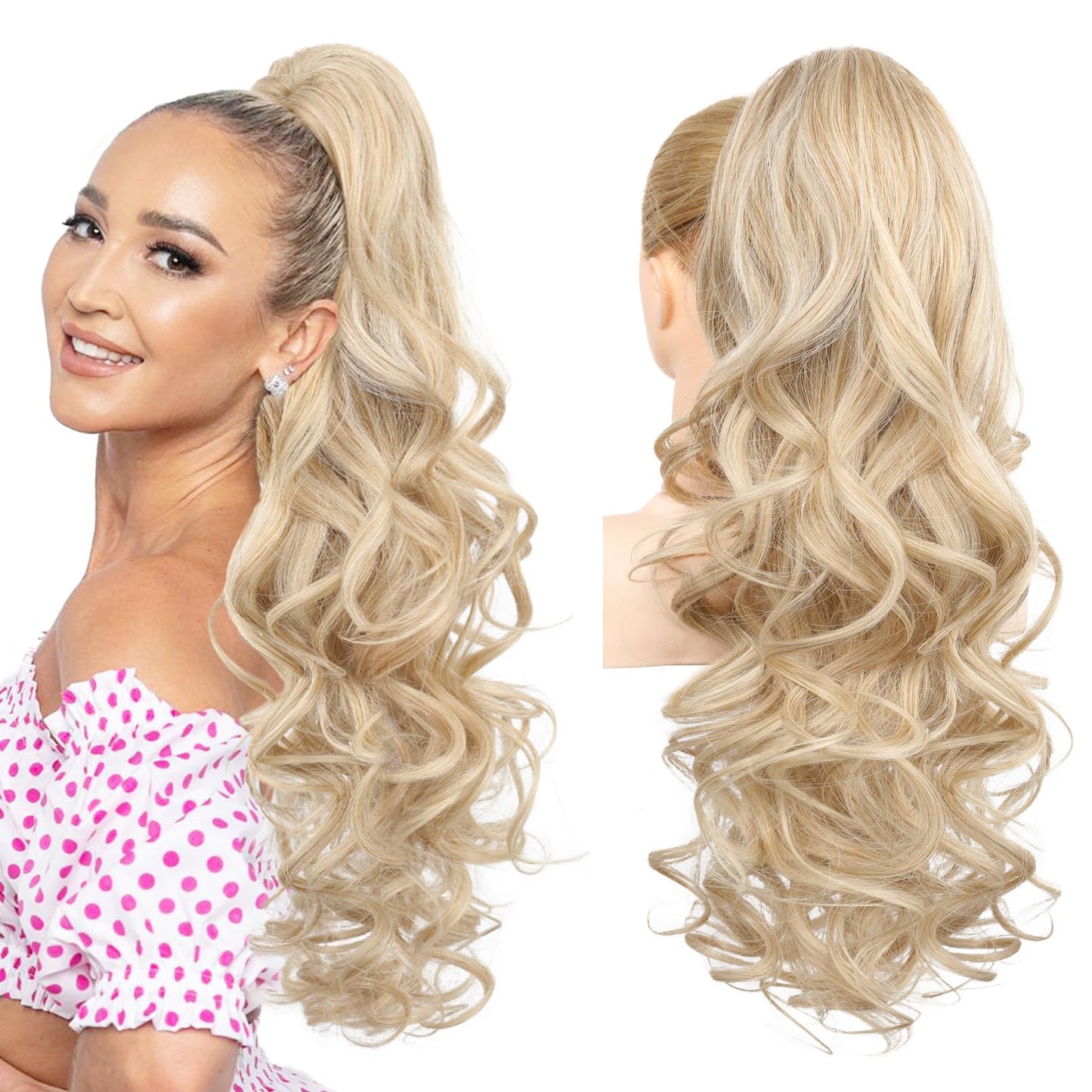 REECHO Ponytail Extension, 24" Claw Clip in Long Curly Wavy Ponytail Hair Extension Jaw Clip on Pony Tails Hairpiece for Women - Medium Blonde with Pale Highlights