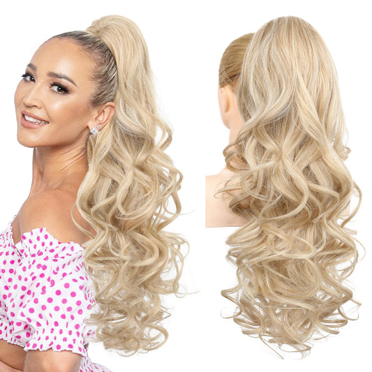 REECHO Ponytail Extension, 24" Claw Clip in Long Curly Wavy Ponytail Hair Extension Jaw Clip on Pony Tails Hairpiece for Women - Medium Blonde with Pale Highlights