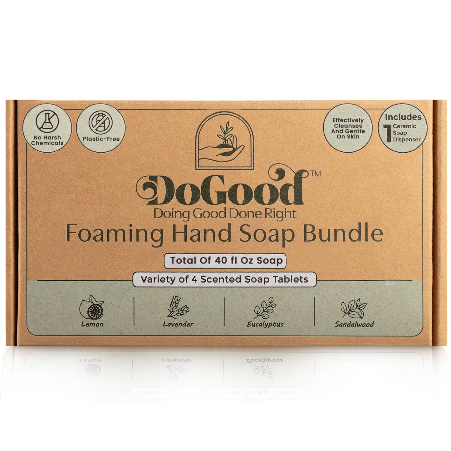 DoGood Foaming Hand Soap Starter Kit – Refillable 350 mL Ceramic Dispenser & 4 Scented Tablets – Eco-Friendly Zero-Waste Foam Soap (Lavender, Lemon, Eucalyptus, Sandalwood)