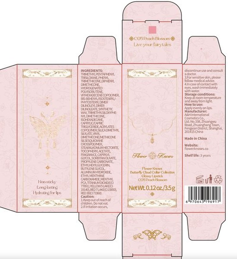 Flower Knows Butterfly Cloud Collar Glossy Lipstick-Moisturizing Tinted Lip Balm-Hydrating Lip Gloss in Balm-Long Lasting Lip Makeup for Girls&Women,Vegan & Cruelty-Free(C05 Peach Blossom,0.12 Ounce)