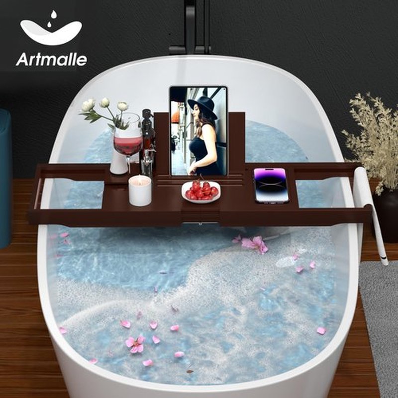 Artmalle Bathtub Tray for Tub, Expandable Bamboo Bath Caddy Tray with Book Stand for Home Spa Relaxing, Foldable Minimalist Bathroom Accessories for Women Men (Simple, Brown)