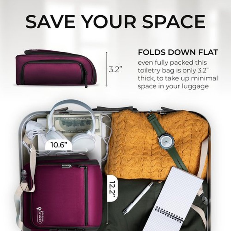 AvaJex Large Hanging Toiletry Organizer - Travel Toiletry Bag for Men and Women - Waterproof Hygiene Bag with Metal XXL Swivel Hook, Sturdy Zippers and 19 Compartments for Toiletries, Makeup (Purple)