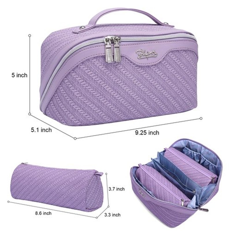 Travel Makeup Bags Cosmetic Organizer Bag: Large Capacity Make up Bag Set of 3 - Vegan Leather Toiletry Bag for Women - Portable Makeup Organizer with Compartments & Handle & Divider (3 Purple)