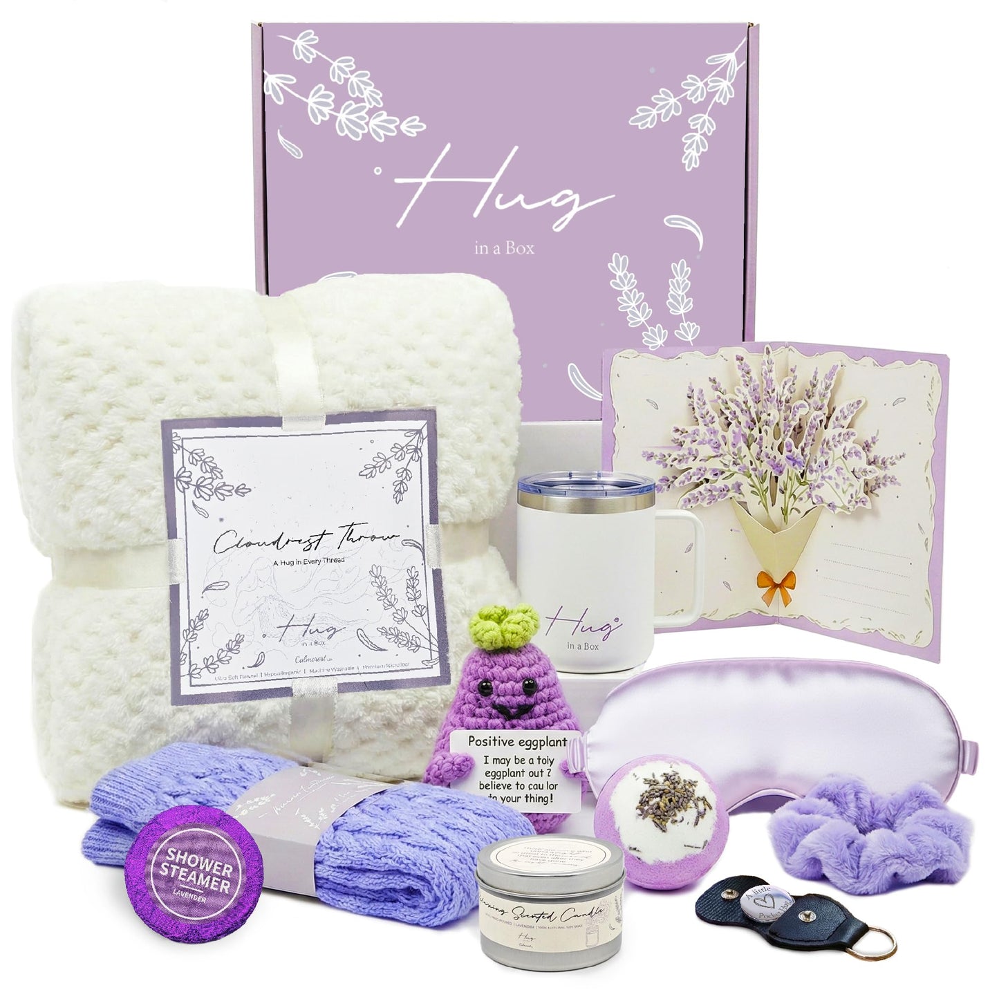 Birthday Gifts for Women, Self Care Hug in a Box Lavender Spa Gift Basket, Thinking of You Inspirational Gift for Wife Mom Sister New Mom or Friend with Flannel Blanket Knitted Eggplant and Pocket Hug
