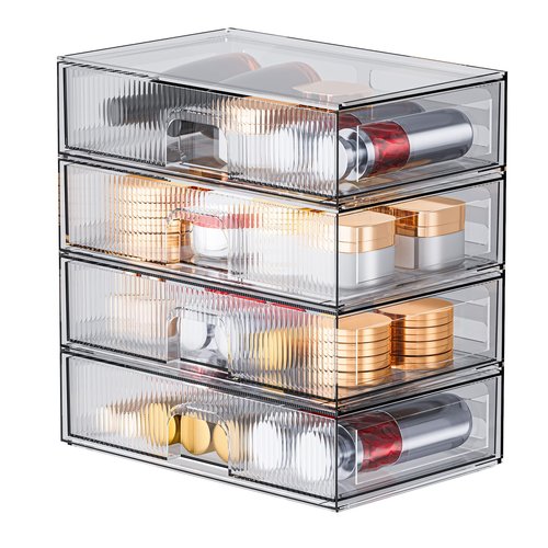 ZHIAI Stackable Storage Drawer, 4 Piece Acrylic Organiser for Cosmetics and Beauty Products, Suitable for Dressers, Bathrooms, Cabinets, Storage Rooms, Bedrooms and Home Organisers