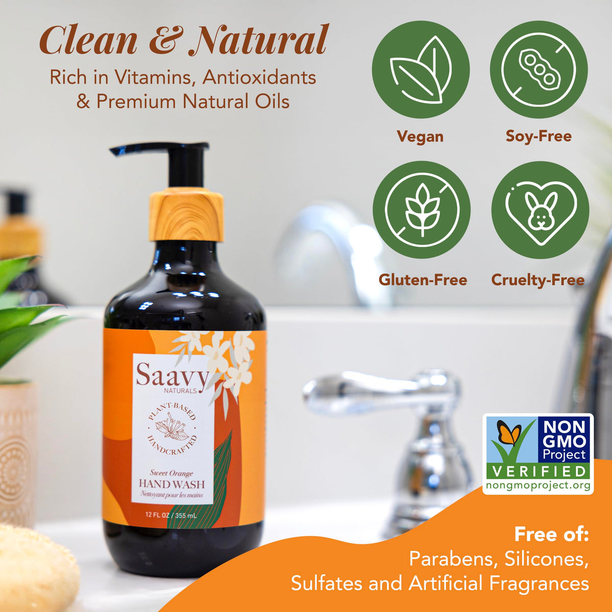 Saavy Naturals Hand Wash – Plant-Based Liquid Hand Soap with Aloe Vera, Shea Butter & Essential Oils – Sulfate-Free, Moisturizing, Food-Grade Ingredients – Sweet Orange – 12 fl oz, 2 pack