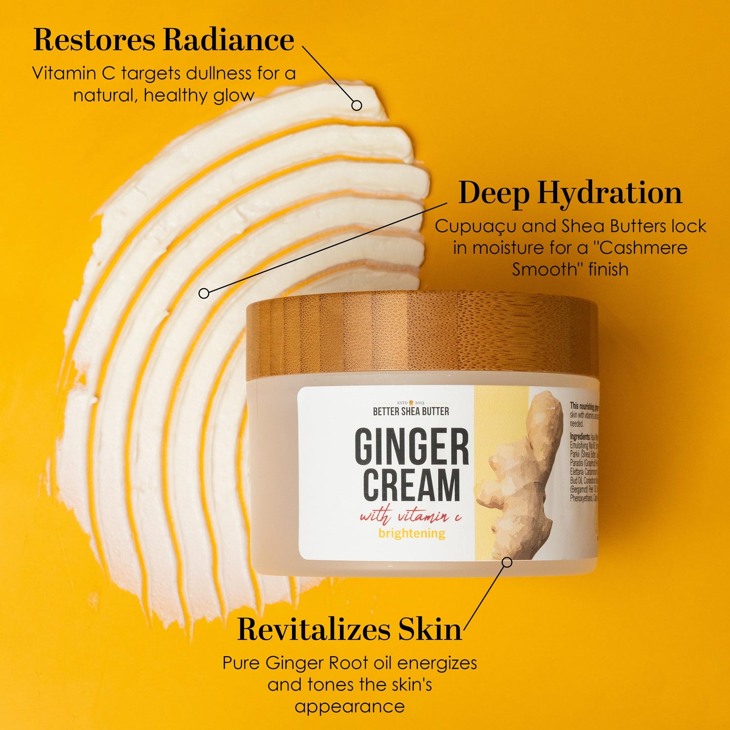 Vitamin C Lotion for Body - Ginger Brightening Cream with Shea Butter, Cupuacu Butter & Squalane - For Dull, Dry Skin - Naturally Scented with Essential Oils, No Synthetic Fragrance