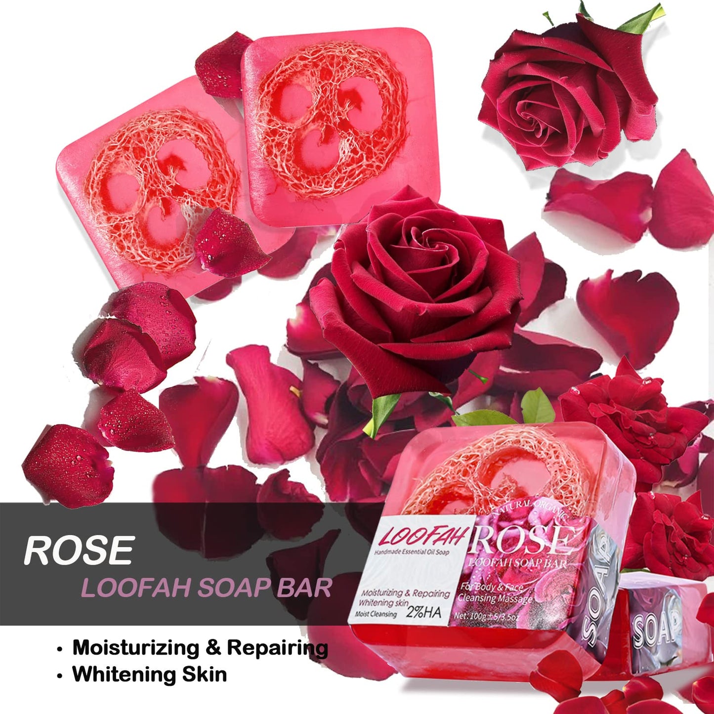 Natural Loofah Soap Bar 4PCS,Exfoliating Natural Soap with Loofah Inside-[Turmeric,Aloe,Rose,Coconut Milk],Moisturizing Handmade Soap for Face and Body