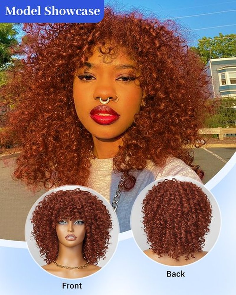 Marshey Afro Curly Wigs with Bangs for Black Women Kinky Curly Synthetic Hair Heat Resistant 12 Inch Short Ginger Wig for Daily Party (Orange)