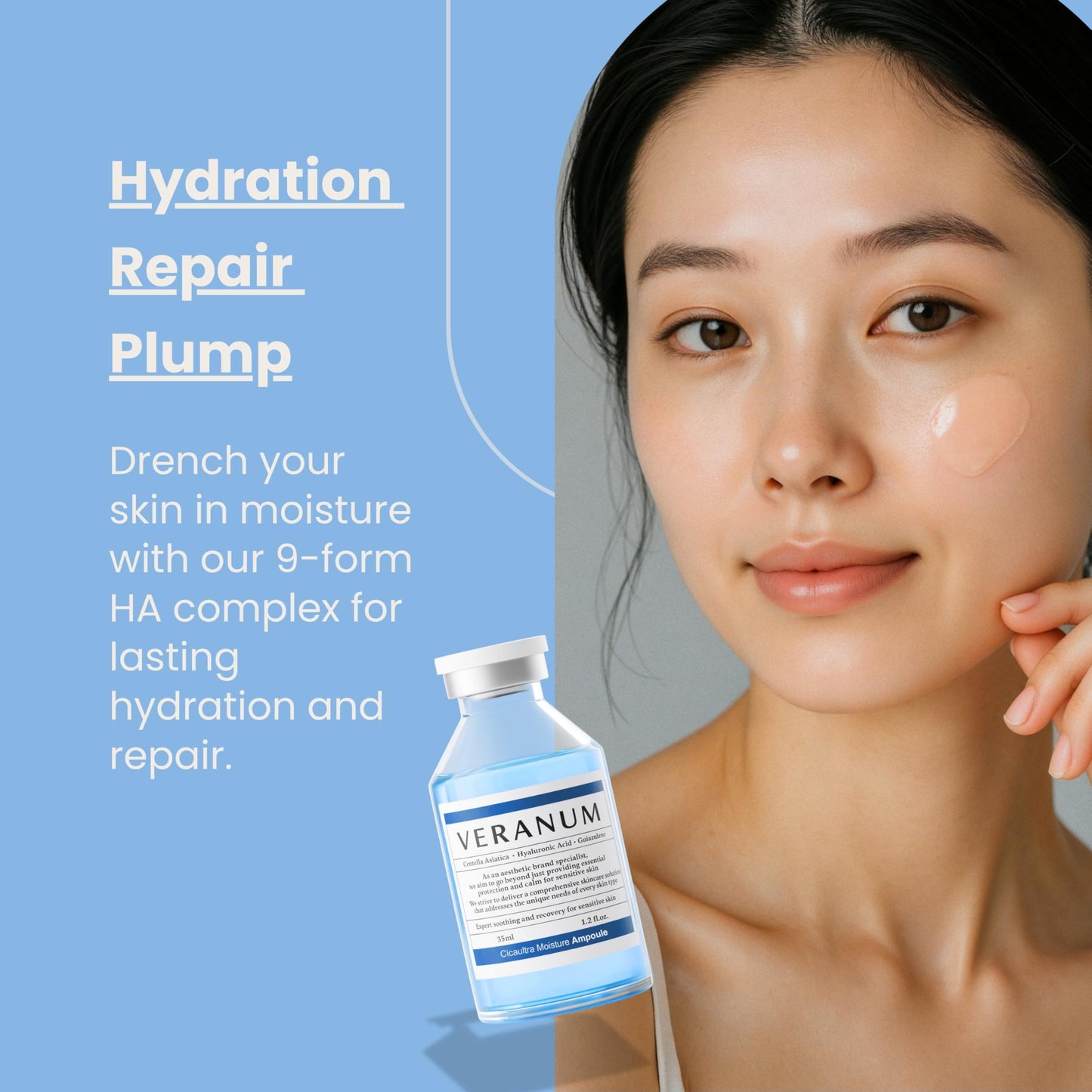 Veranum Cicaultra Moisture Ampoule – Korean Peptide & Hyaluronic Acid Face Serum for Sensitive Skin – Deep Hydration, Barrier Repair & Glass Glow Firmness – 1.2 fl oz (35 mL)