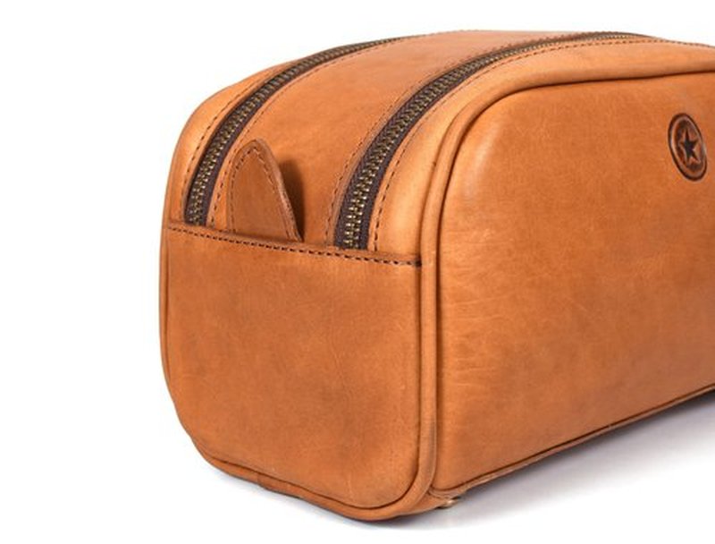 10" Premium Leather Toiletry Travel Pouch With Waterproof Lining | King-Size Handcrafted Vintage Dopp kit By Aaron Leather Goods (Walnut Tan)