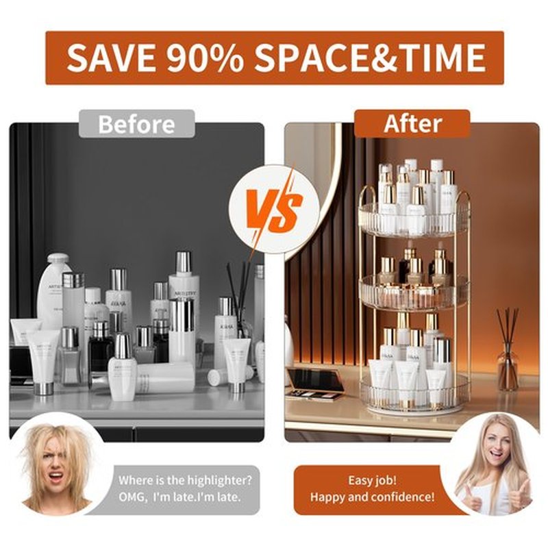YCIA&DONE 360 Rotating Makeup Organizer and Storage for Vanity Countertop 3 Tiers, High Capacity Cosmetic Skincare Perfume Organizer for Dresser Bathroom Lazy Susan Organizer(Clear White)