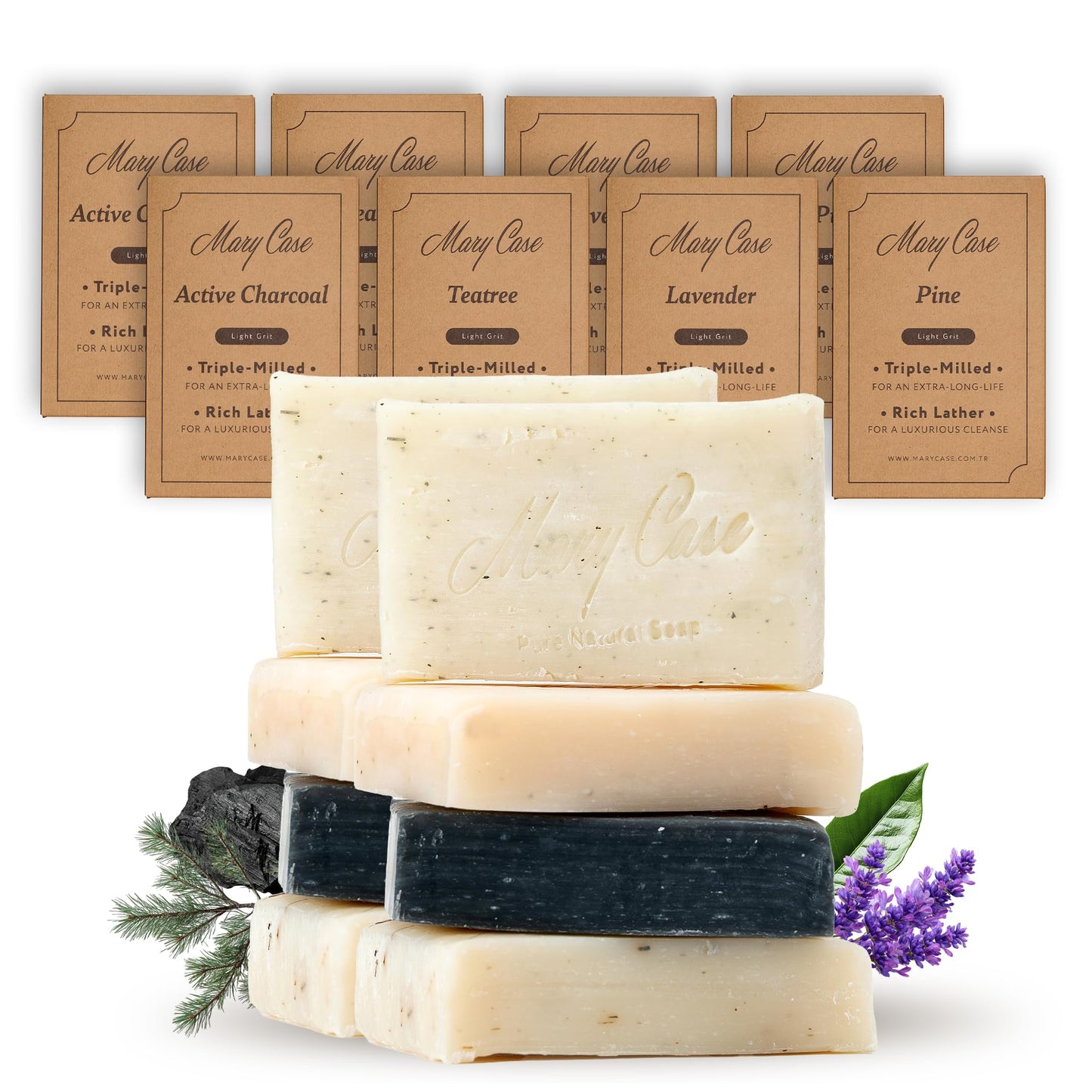 Mary Case Variety Bar Soap Set of 8 | Lavender, Pine Tar, Tea Tree & Charcoal Natural Soap Bars | Vegan Bath Soap for Men & Women | Deep Hydrating & Nourishing Skin Care Collection
