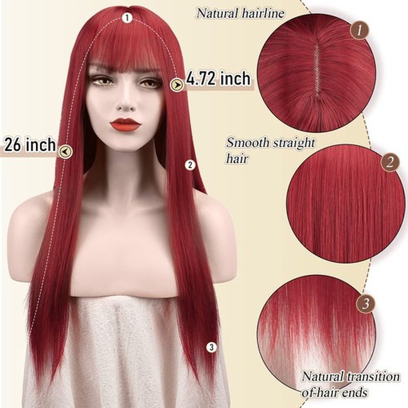 SOFEIYAN 26 inches Long Straight Wig with Bangs Red Synthetic Hair Replacement Wigs Heat Resistant Full Wig for Women Girls