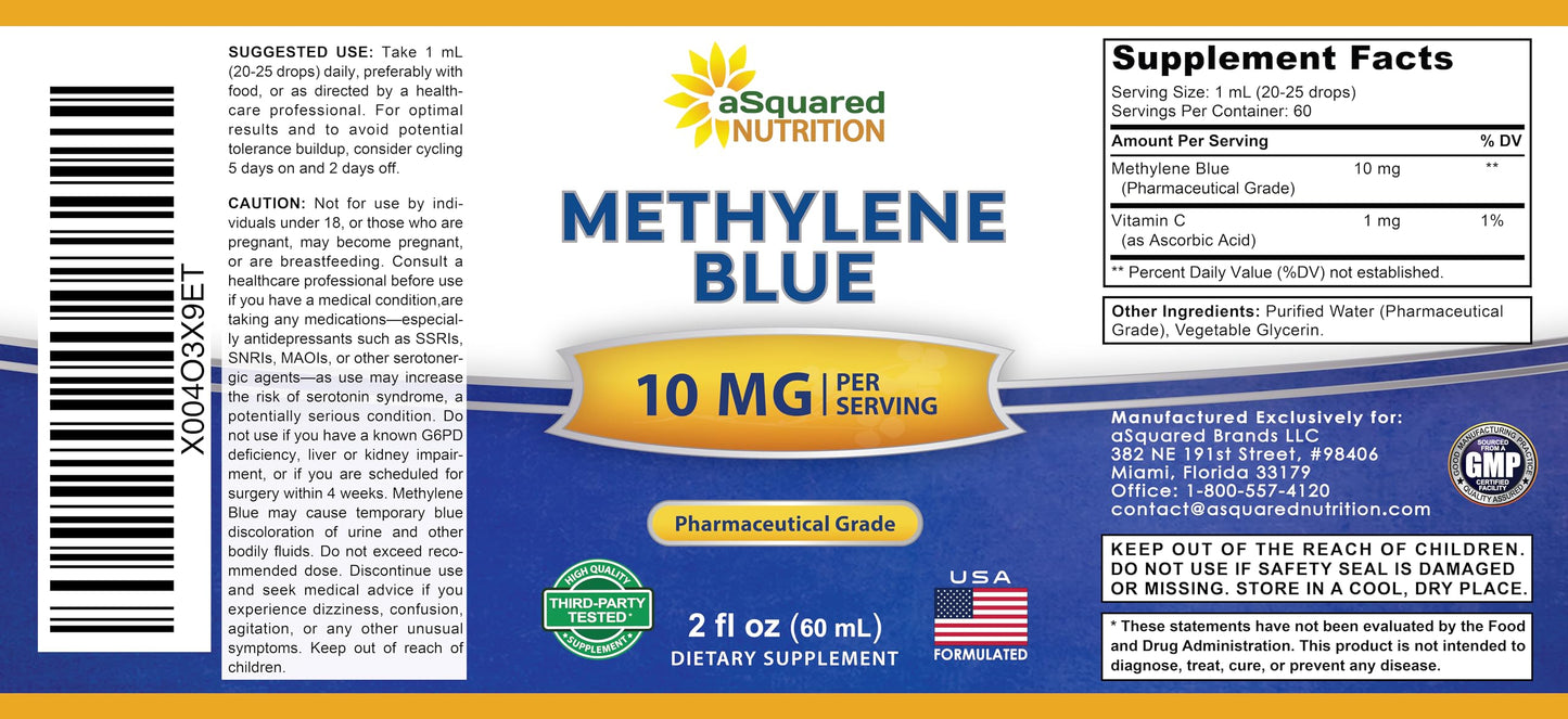 aSquared Nutrition Methylene Blue Drops - 1% Pharmaceutical Grade Liquid Supplement for Humans - 10mg USP Grade w/Vitamin C - No Formaldehyde - Brain & Energy Alternative to Capsules (2 fl oz)