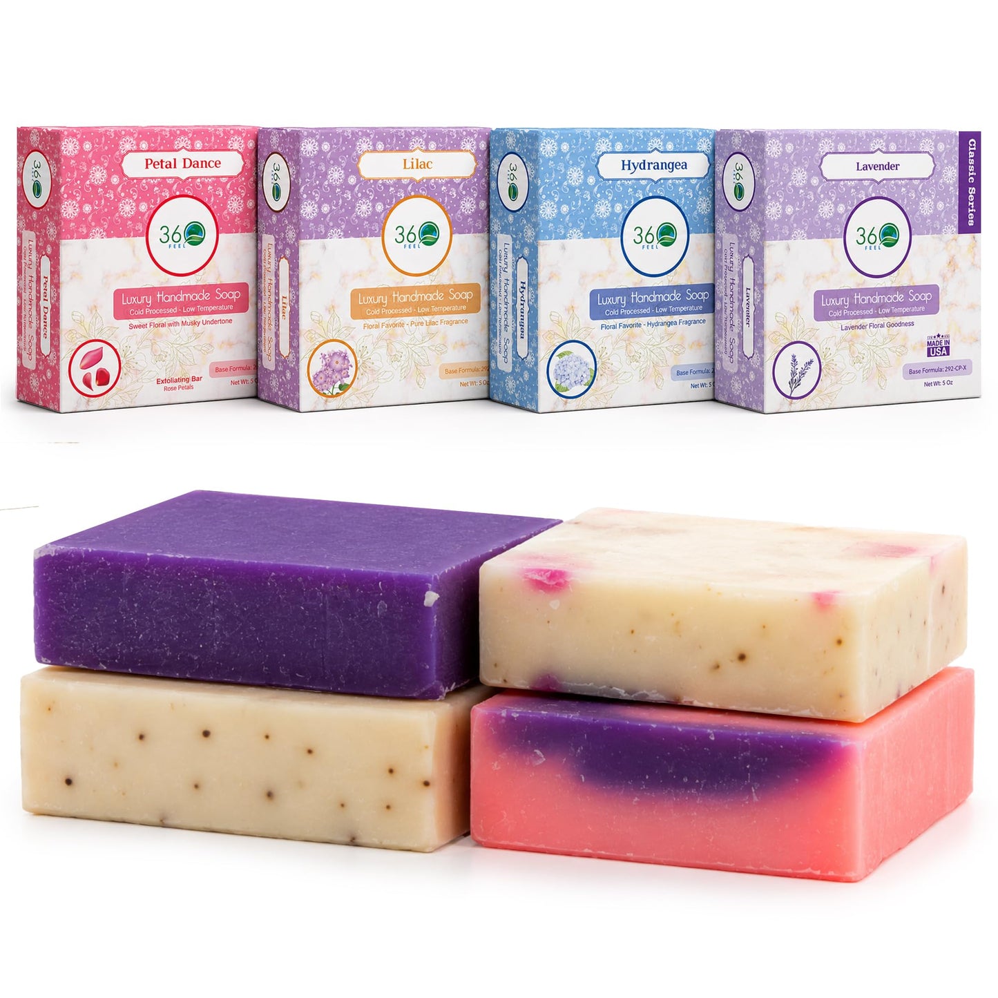 360 Feel - Floral Bar Soap Set - Made in the USA - Castile Handmade All Natural Cold Processed - Infused with Lavender, Lilac , Hydrangea & Petal Dance - Moisturizing Skin Care - (5oz, 4-Pack)