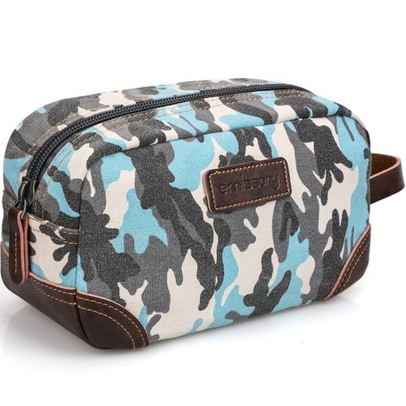 emissary Men's Toiletry Bag, Leather and Canvas Travel Toiletry Bag, Dopp Kit for Men, Travel Bathroom Bag Men's Shaving Kit, Travel Kit Small Bags for Men, Shaving Bag for Travel (Camo-Blue)