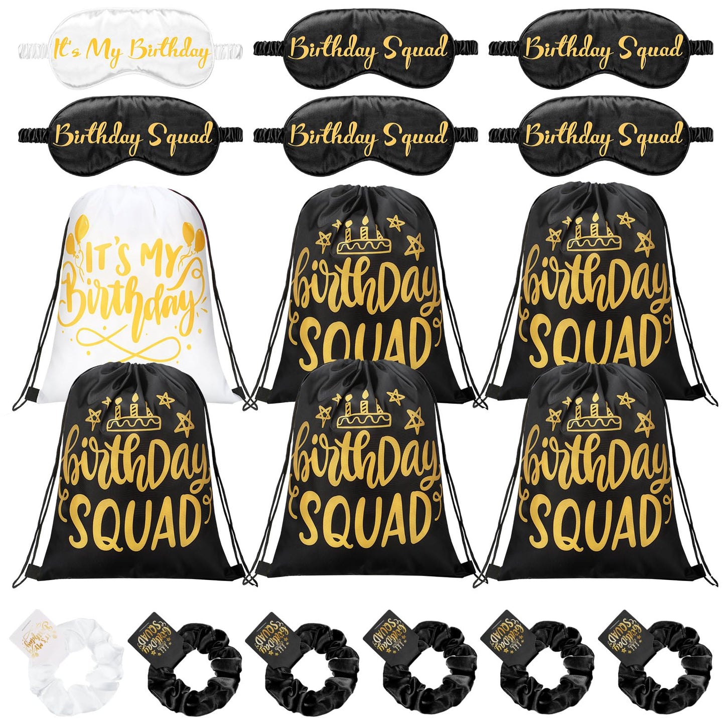 Bunnycool 18 Pcs Birthday Squad Party Favors with 6 Squad Drawstring Bag 6 Satin Eye Mask Satin 6 Hair Scrunchies Spa Birthday Party Favor for Queen Women 20th 30th 40th 50th 60th Decoration(Black)