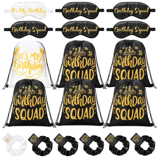 Bunnycool 18 Pcs Birthday Squad Party Favors with 6 Squad Drawstring Bag 6 Satin Eye Mask Satin 6 Hair Scrunchies Spa Birthday Party Favor for Queen Women 20th 30th 40th 50th 60th Decoration(Black)